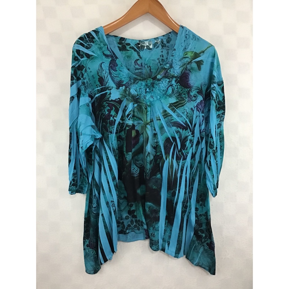 Avenue Womens 26/28 Teal Floral Calligraphy Sharkbite Tunic Top 3/4 Sleeve
